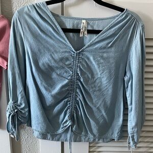 Girl Krazy Top Blouse Juniors Large Blue Self Gather Tie Front & Sleeves V-Neck